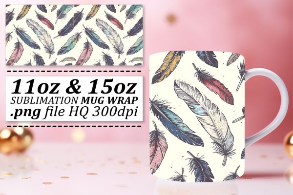 Vibrant Colorful Feather Mug Sublimation: 11oz 15oz Playful Elegance For Discount
