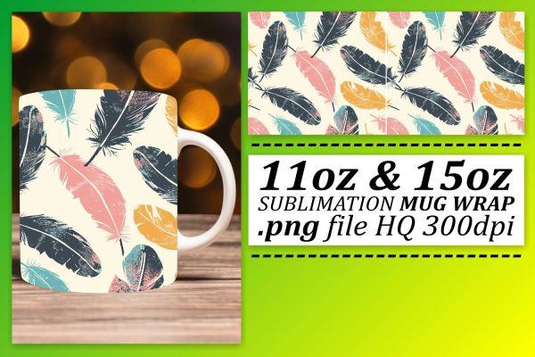 Vibrant Feather Pattern Mug Wrap: Sublimation Chic Charm For Sale