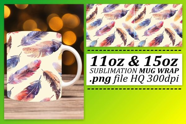 Playful Colorful Feather Mug Sublimation: 11oz 15oz Whimsical Style Supply