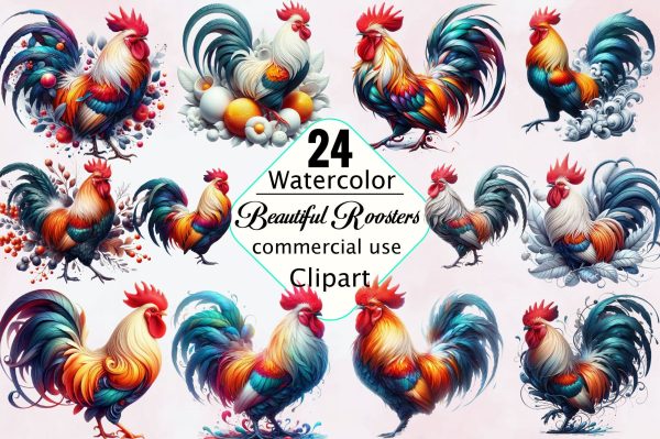 Beautiful Roosters Watercolor Clipart Bundle Online Hot Sale