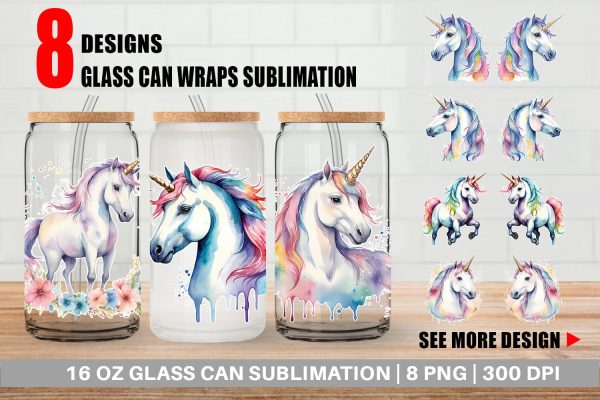 Glass Can Wrap Unicorns Watercolor For Cheap