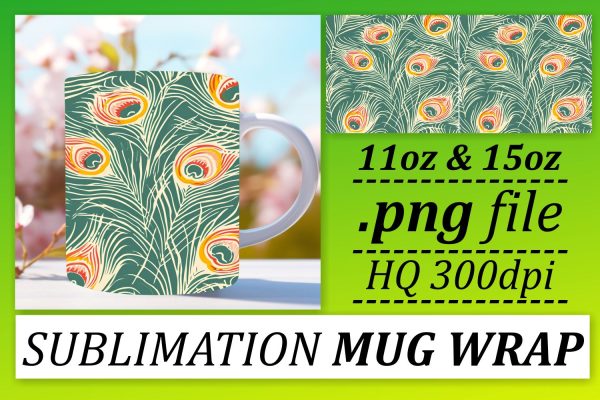 Whimsical Feather Pattern Mug Wrap: Sublimation for 11oz 15oz Cups Sale
