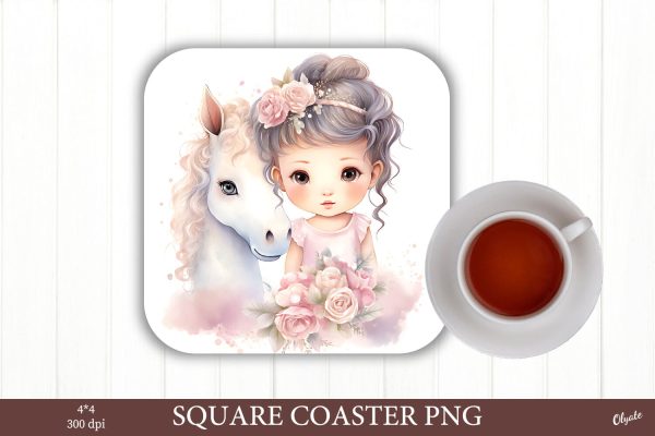 Baby Girl with White Horse PNG. Coaster Sublimation PNG Hot on Sale
