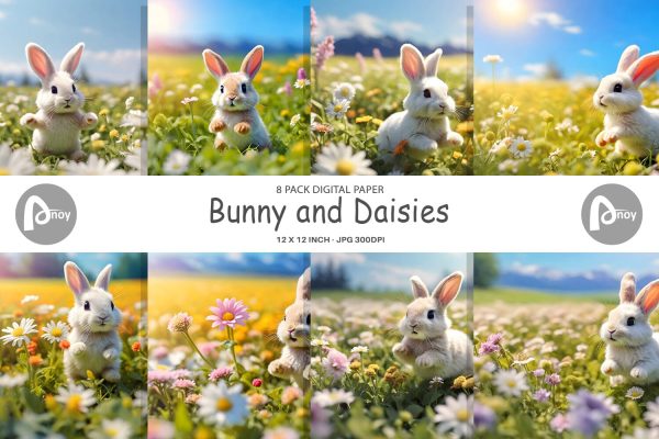 Digital Paper Bunny and Daisies Sale