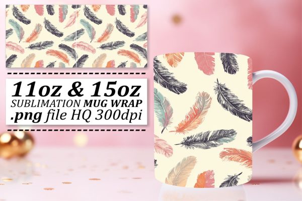 Playful Colorful Feather Mug Wrap: Sublimation Joyful Charm 11oz 15oz For Cheap