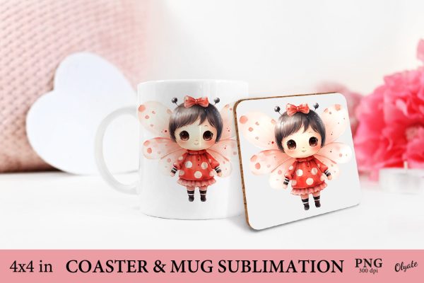 Cute Lady Bug Sublimation PNG. Mug and Coaster Design PNG For Discount