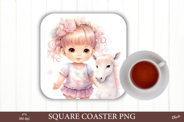 Cute Little Girl with White Horse PNG. Coaster  Design PNG Online Sale