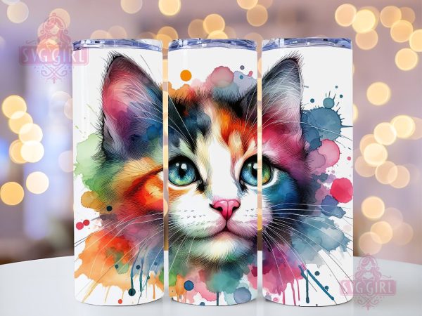 Colorful Neon Cat 20oz Tumbler Wrap Sublimation Design, Straight Tapered Tumbler Wrap, Cute Cat Tumbler Png, Instant Digital Download Supply