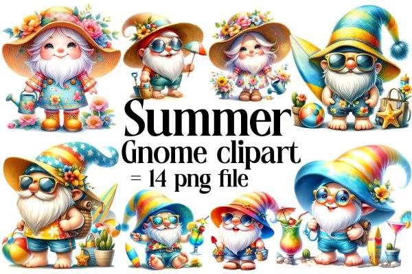 Summer Gnome Clipart Bundle ,Illustrator ,Quotes and Sayings,Food & Drink,On Sale, Print & Cut For Discount
