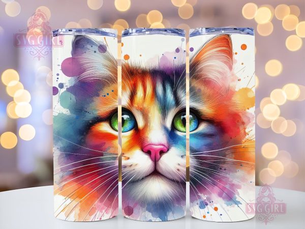 Colorful Neon Cat 20oz Tumbler Wrap Sublimation Design, Straight Tapered Tumbler Wrap, Cute Cat Tumbler Png, Instant Digital Download on Sale