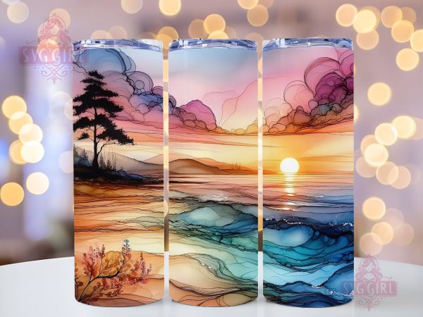 Alcohol ink Ocean Palms Summer 20oz Tumbler Wrap Sublimation Design, Sunset at The Beach Tumbler Wrap, Instant Digital Download Online Sale