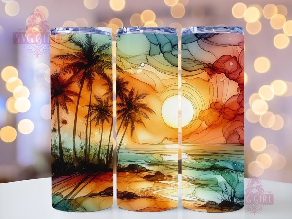 Alcohol ink Ocean Palms Summer 20oz Tumbler Wrap Sublimation Design, Sunset at The Beach Tumbler Wrap, Instant Digital Download Online Hot Sale