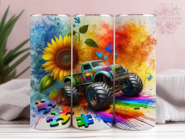 Monster Truck 20oz Tumbler Wrap PNG, Autism Awareness Tumbler Png, Straight & Tapered Tumbler Wrap, Instant Digital Download Online