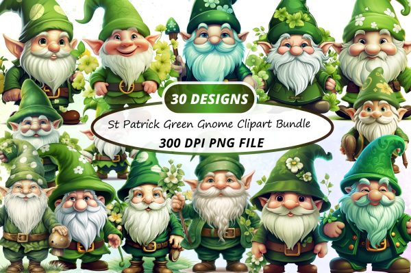 Watercolor St Patrick Green Gnome Clipart Bundle Online Sale