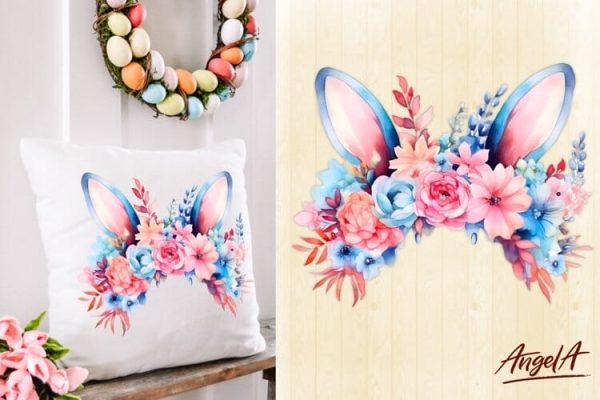 Easter pillow sublimation design   pink bunny ears flowers on Sale