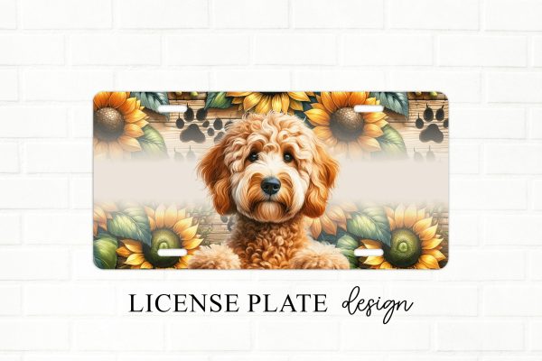 Goldendoodle Dog With Sunflowers License Plate PNG For Cheap