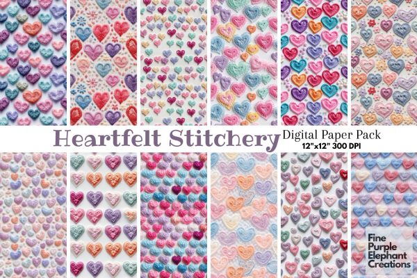 Cute Pastel Embroidered Hearts Digital Paper | Printable Valentine Supply