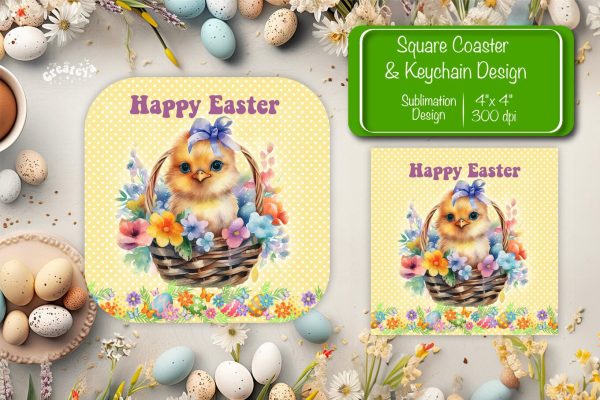 Square Easter coaster Easter chick Sublimation coaster design Watercolor PNG Square keychain Online