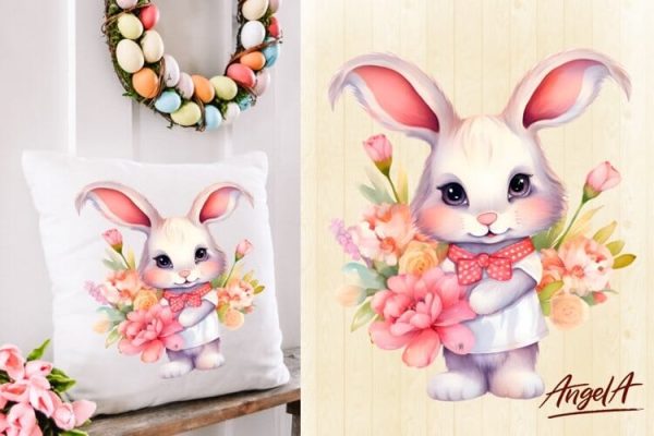 watercolor easter bunny flower png For Sale