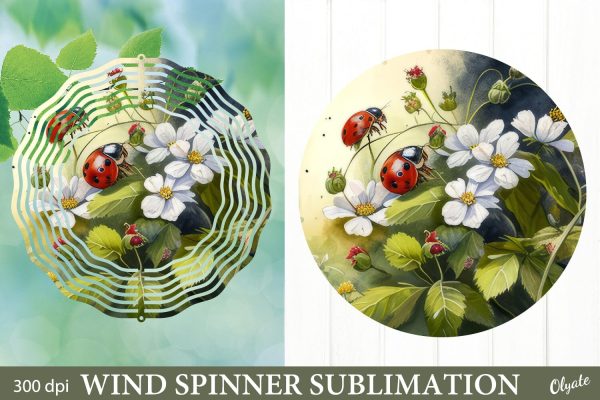 Lady Bug with Flowers Sublimation. Wind Spinner Design PNG Online