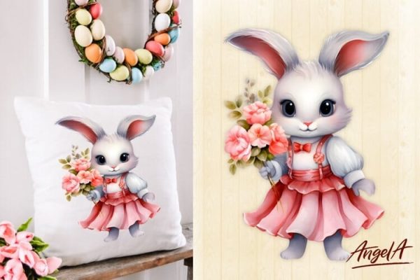 pillow sublimation design   easter bunny girl flower clipart For Sale