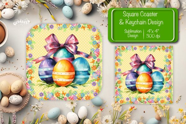 Square Easter coaster Easter egg Sublimation coaster design Watercolor PNG Square keychain Supply