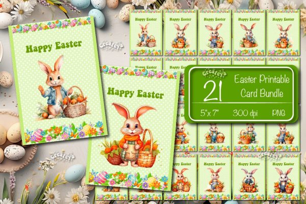 Printable Easter card Bundle Watercolor Easter Bunny postcard on Sale