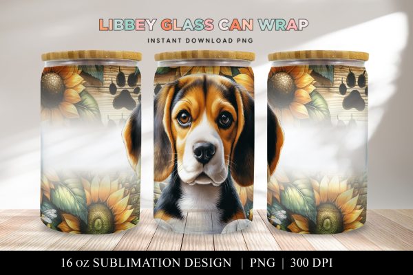 Beagle Libbey Glass Can Wrap, Dog Sunflower PNG For Sale