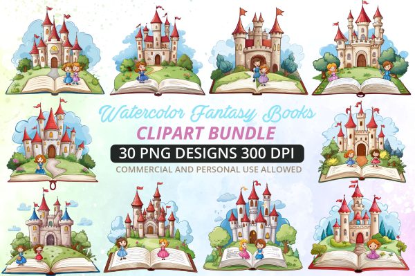 Watercolor Fantasy Books Collection Clipart Bundle For Sale