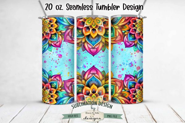 Rainbow Mandala with Blue 20 oz Seamless Tumbler Wrap Design on Sale
