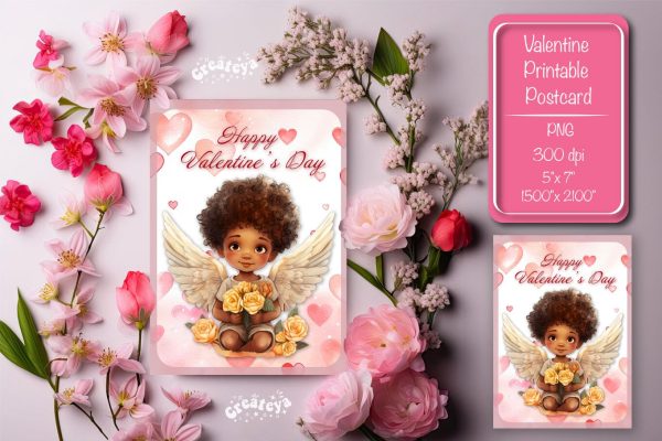 Printable Valentine card with baby angel with wings St Valentine s Day postcard Watercolor Sale
