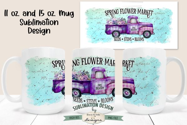 Spring Flower Market Plaid Truck - 11 and 15 oz. Sublimation Mug Design For Sale