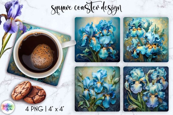 Beautiful Floral Square Coasters Sublimation, Baroque Iris Flowers Illustration Online Sale