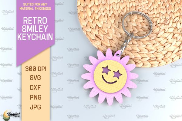 Retro Smiley Keychain SVG. Smiley Face Keychain Laser Cut For Sale