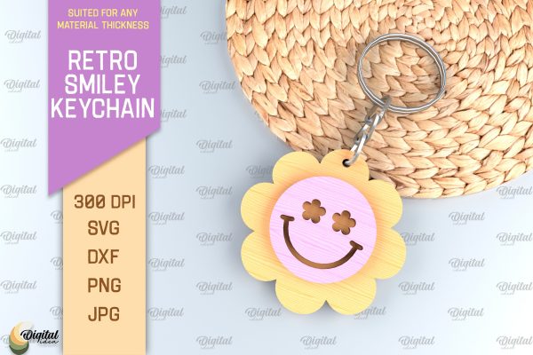 Retro Smiley Keychain SVG. Smiley Face Keychain Laser Cut Hot on Sale