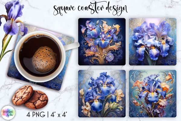 Vintage Iris Flowers Square Coasters Sublimation Set Hot on Sale