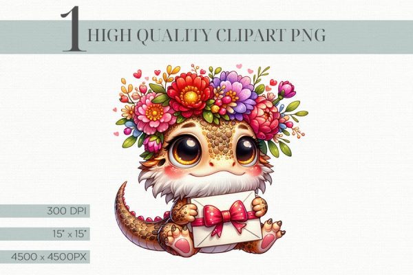 Cute Valentine Bearded Dragon Clipart Digital Download For Discount