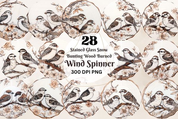 Stained Glass Snow Bunting Wood Burned Wind Spinner Bundle For Discount
