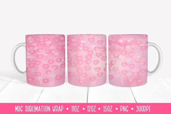 Soft Pink Hearts Mug Sublimation Design. Valentines Mug Wrap Online Sale