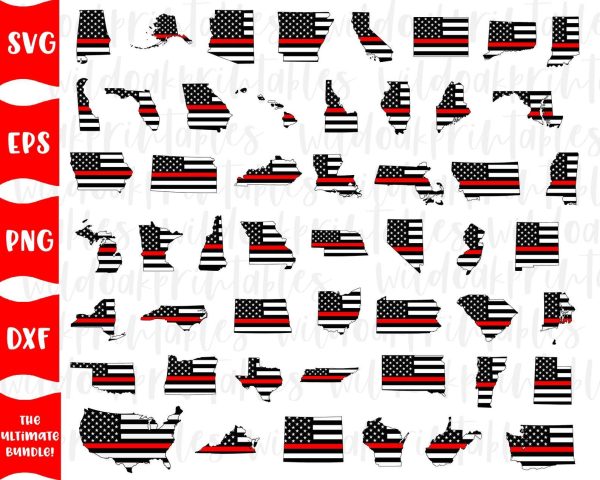 United States firefighter red line flag svg bundle, states svg bundle, firefighter thin red line svg, red line states firefighter svg bundle Sale