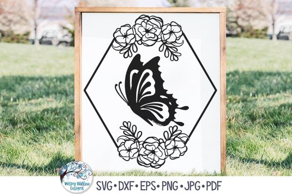 Butterfly and Flowers Hexagon Frame SVG Online now