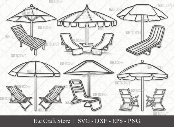 Beach Chairs With Umbrella Outline SVG Cut File | Beach Umbrella Svg | Beach Chair Svg | Summer Svg | Bundle For Discount
