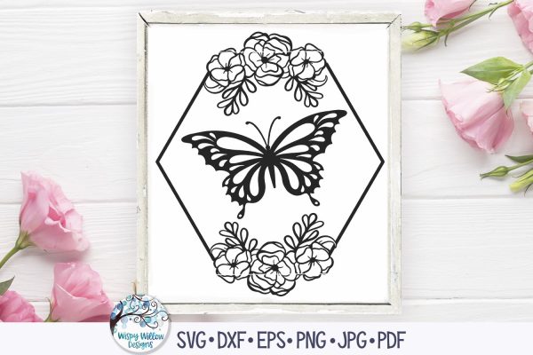 Butterfly and Flowers Hexagon Frame SVG Sale