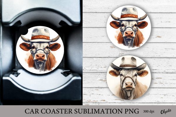 Cow in Cowboy Hat PNG. Car Coaster Sublimation PNG For Cheap