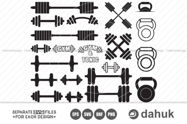 Gym svg, Gym Equipment Weights svg, Barbell Dumbbell Bodybuilder Equipment, silhouette clipart cuttable design, svg, png, dxf & eps designs For Cheap